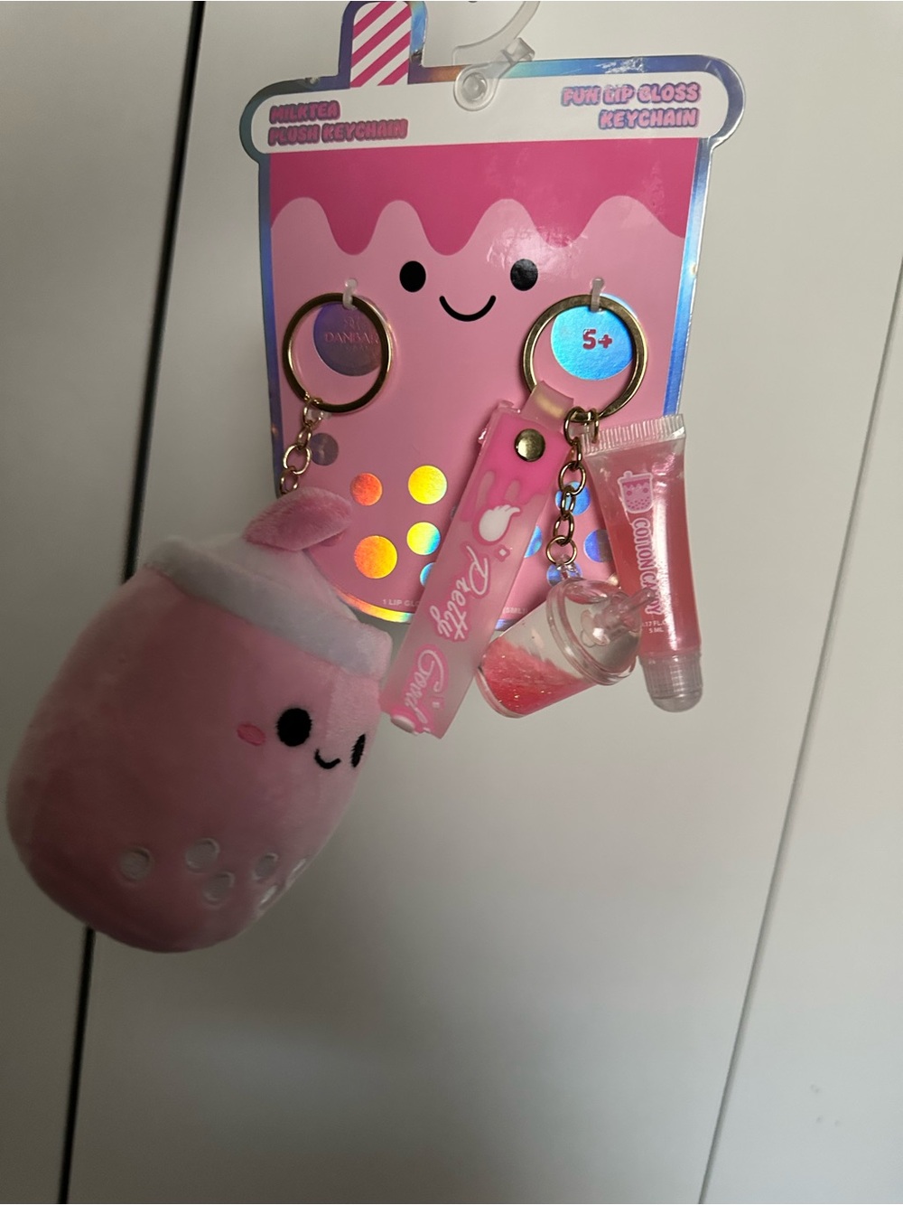Pink Bubble Tea Plush Keychain Set with Lip Gloss Charm